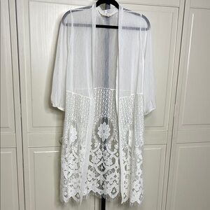 Ember Sheer Women’s White Lace Kimono Size L Coverup Duster Sheer Beachy